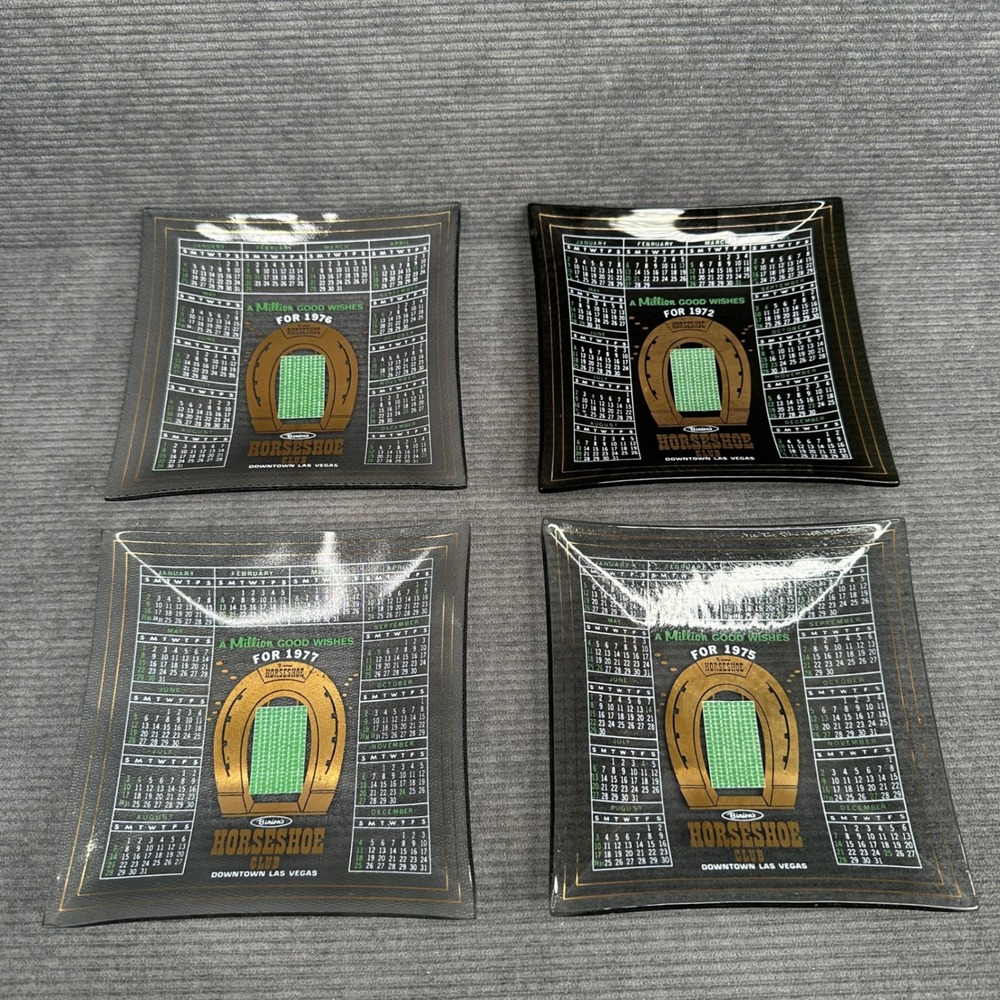 Vintage Binions Horseshoe Club Las Vegas Glass Calendar Dish Set 1972-1977 4pc